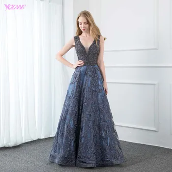 

2020 Elegant Navy Lace embroidery Evening Dresses Long V Neck Crystal Beaded Formal Evening Gowns Sleeveless YQLNNE