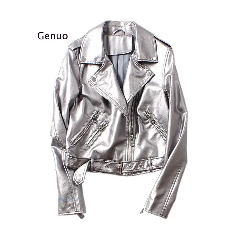 

Весенняя Серебристая кожаная куртка, Женская моющаяся куртка-бомбер из искусственной кожи с заклепками и ремнем, мотоциклетное байкерское пальто