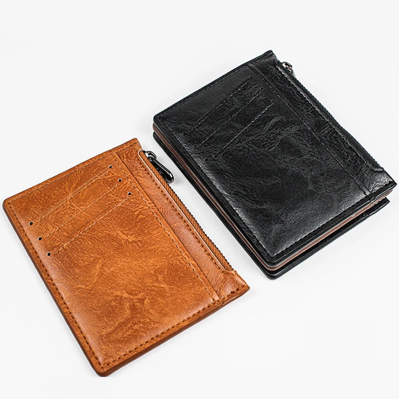 Ultra Thin Zipper Wallet Men's Small Wallet Business PU Leather Wallets Band Solid Color Card Coin Purse Credit Bank Holder