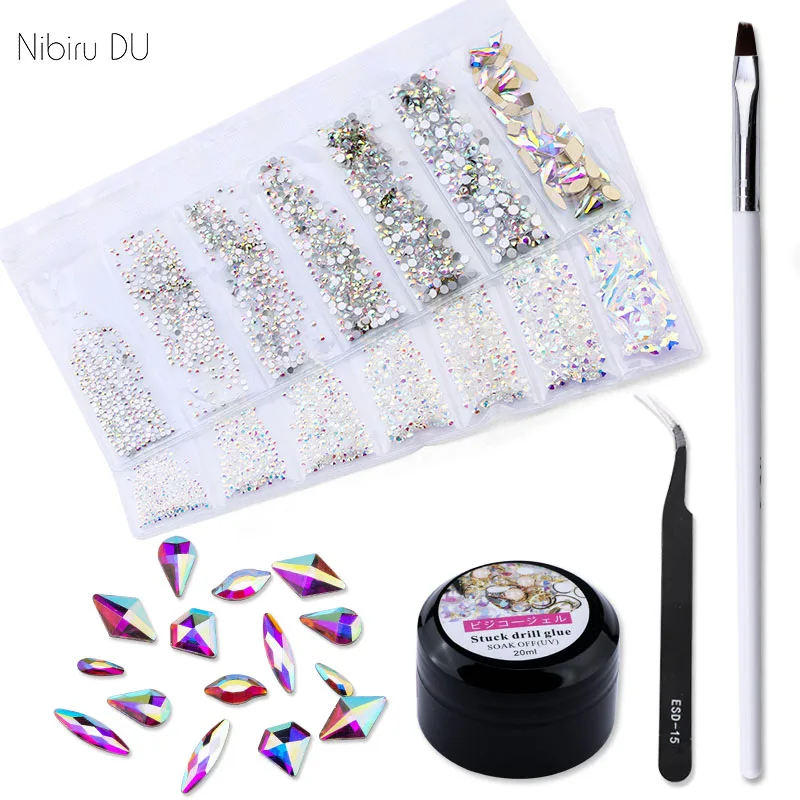 

Multi-size Glass Crystal Transparent Nail Rhinestones DIY Tools Set 3D Art Decorations Nail Glue Adhesives Kits