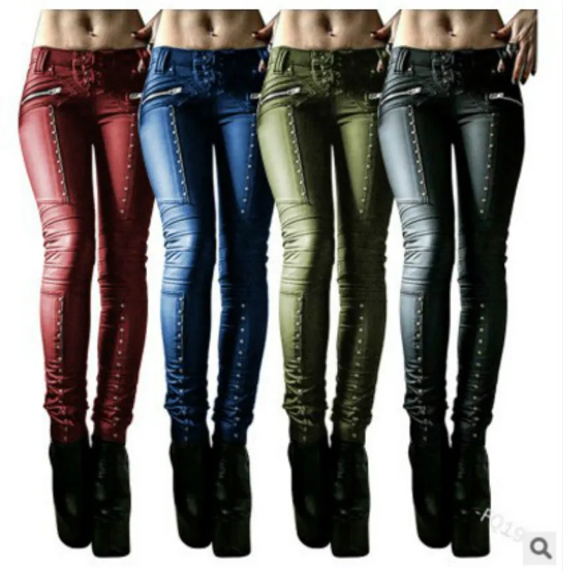 

Women's Retro Pu Pants Leather Steampunk Rivet Zipper Pencil Pants Gothic Tight Street Style Autumn Casual Women Pants