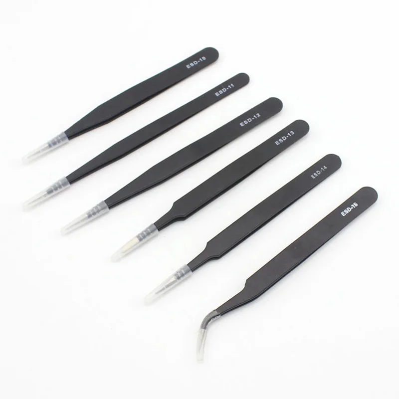 6pcs ESD Anti-Static Stainless Steel Tweezers Set Maintenance Repair Tool Kit Anti Static Model Making Tool Hand Tool Set