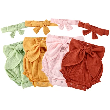 

0-24M Newborn Baby Girls Clothes Infant Bodysuit Jumpsuit Headband 2PCS Outfits Set Summer Solid Color Big Bowknot Baby Clothing