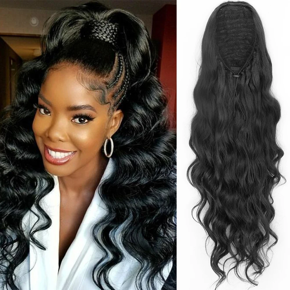 MerisiHair Synthetic Ponytail Extension Long Black Drawstring Wavy Ponytail Hair African American for Women Body Wavy Ponytail