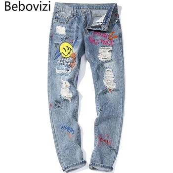 

Bebovizi Streetwear Ripped Slim Fit Jeans Skinny Jeans Hipster Smiley Face Graffiti Letter Print Hip Hop Men Jogger Denim Pants