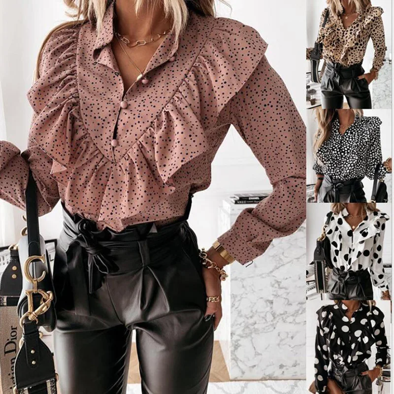 

Elegant Polka Dot Ruffle blouse shirts Women Autumn Long Sleeve V-Neck Pullover Tops Office Lady Casual Button Plus Size blusa