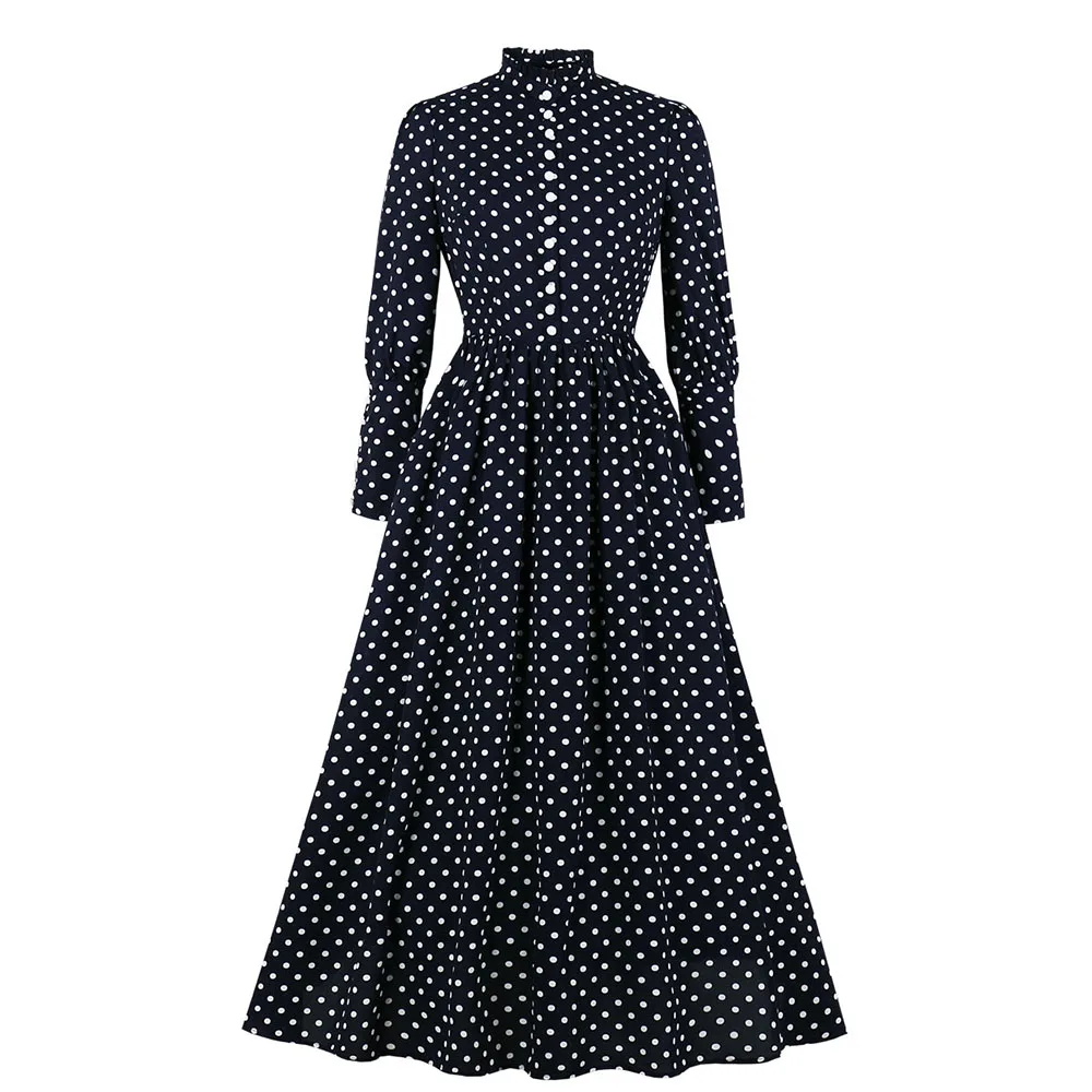 

2019 Black Retro Polka Dots Dresses Stand Collar A Line Ankle-Length Dresses Date Night Long Sleeve French Chic Dot Dresses