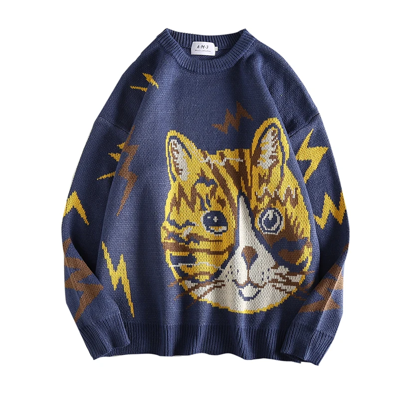 Privathinker, мужские и женские пуловеры с круглым вырезом, свитер для пары, Осенний Вязаный топ с рисунком кота, повседневная Корейская уличная одежда, свитера - Цвет: Blue(AsianSize)