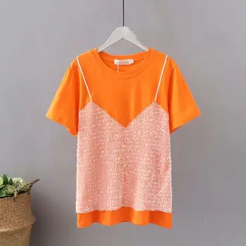 

Plus size Lace cotton women loose orange tshirts 2020 new summer casual ladies short sleeve t shirts female tops t-shirts