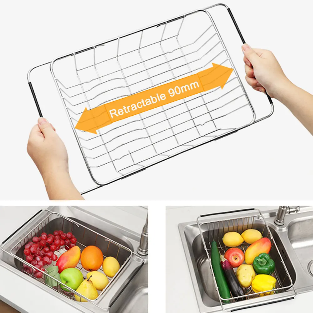 

Kitchen Adjustable Storage Rack Stainless Steel Draining Basket Rack Shelf Dish Washing Holder for Dinnerware Vegetable Fruit