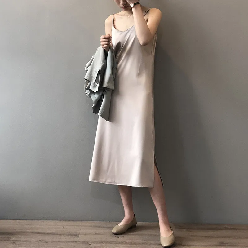 Summer Satin Black Sexy Women Dress 2020 Women's Dress Luxury Shiny Sundress Imitation Silk dress Y0786 Spaghetti Strap Dresses (10)