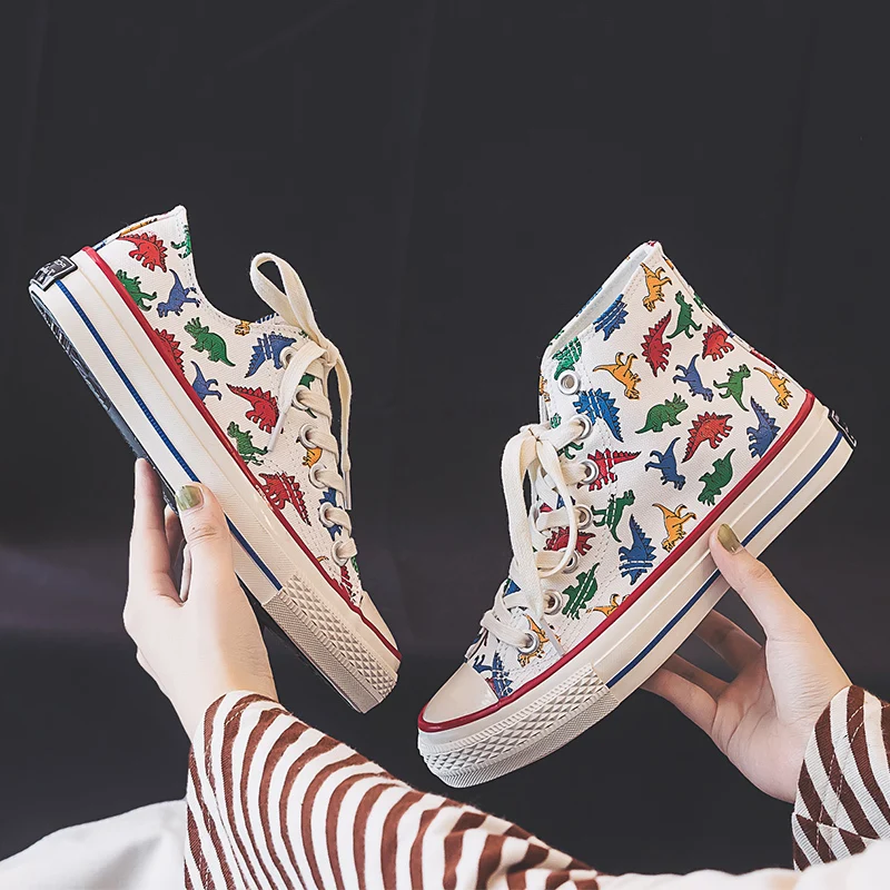 

Girls Shoes Canvas Dinosaur High Up Sneakers Cartoon Cute Dino 2020 Autumn New Preppy Style Cool Fashion Women Casual Shoes