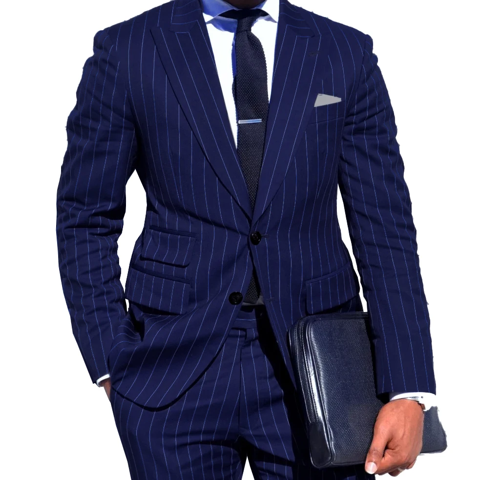 95Mens Chalk Stripe Suit Custom Made Light Navy Blue Mens Striped Suit With Ticket Pocket,Tailored Single Breasted Suit Peak Lapel