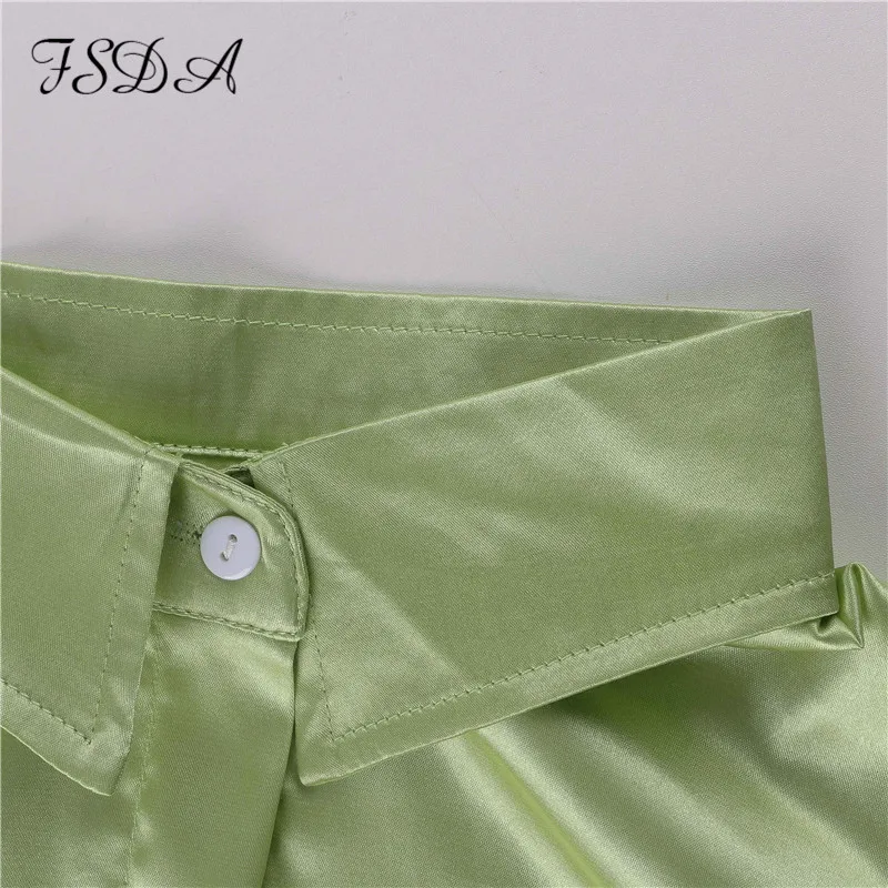 blazer pants set FSDA 2021 Tracksuit Satin Women Long Sleeve Top Shirts And High Waist Pants Elegant Casual Two Piece Sets Green Party Outfits special occasion pant suits