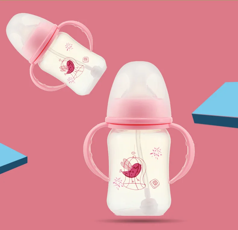 Cute Baby Bottle with Straw Infant Newborn Children Learn Feeding Drinking Bottle Kids Wide Caliber PP Milk Bottles 240/320ml