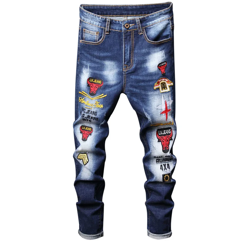 

Straight Leg Pants Rhino Head Embroidery Pleated Motorcycle Jeans Pants 2020 Men's Slim Brand Designer Denim Pants Men