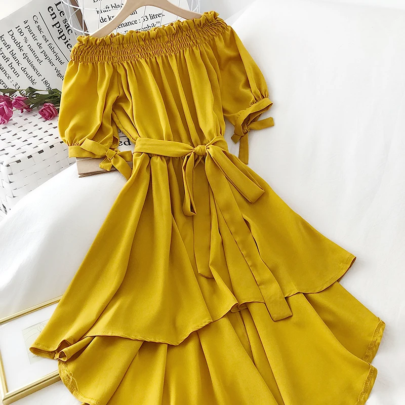 OCEANLOVE Off Shoulder Chiffon Dress  Women Solid Bow Ruffles Chic 2020 Vestidos Short Sleeve Summer Dresses Fashion 15549