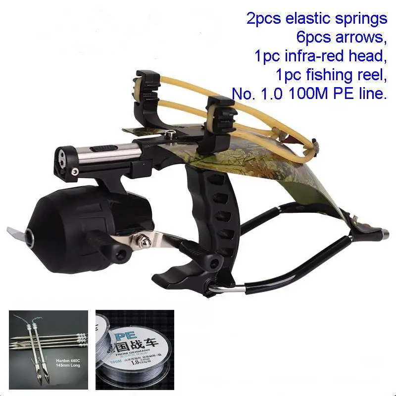 

Full Metal Hunting Tool Fish Shooting Slingshot Catapult, Springs 2 Kinds, 6pcs Arrows, Reel and Infra-red Head and 100M PE Line