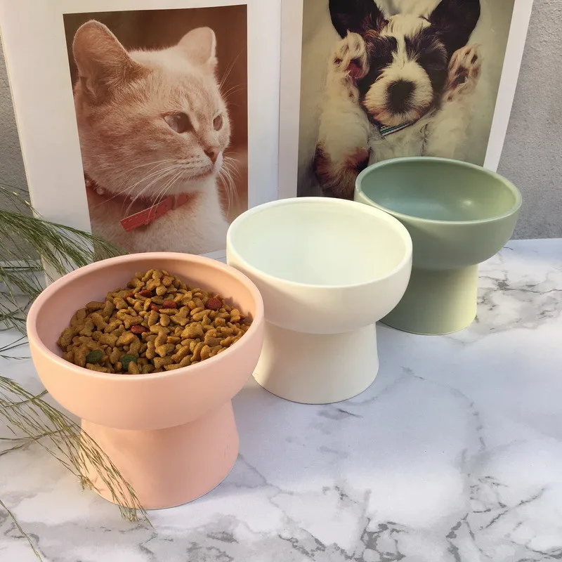 New Candy Color Cat Bowl High Foot Single Bowl Drinking Food Ceramic Pet Bowls Dog Bowls Cat Supplies Small Dogs Feeder