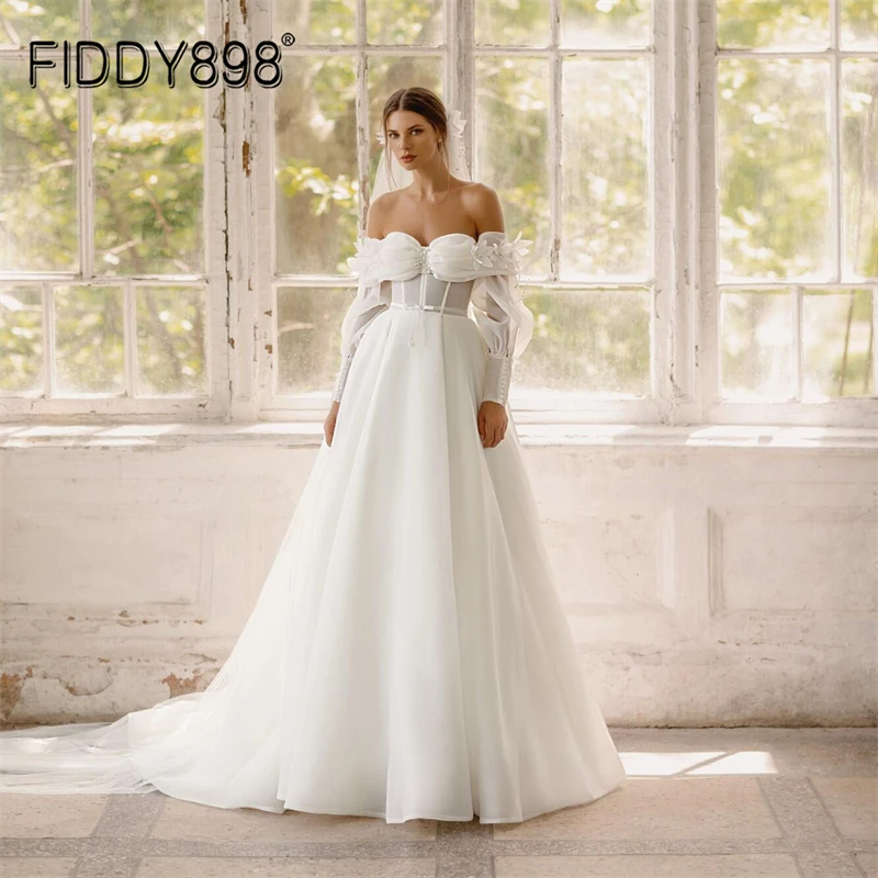 

FIDDY898 White Wedding Dress Women Beach Wedding Gowns Tulle A-line Bridal Dresses Strapless Vestido de Noiva robe de mariee