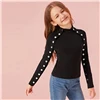 SHEIN Kiddie/черный воротник-стойка, Повседневная футболка с пуговицами, детский топ, г., Осенние однотонные Детские футболки с длинными рукавами