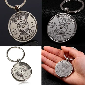 

Mini Perpetual Calendar Keychain Unique Metal Keyring Zinc Alloy Sun Moon Carving 2010 to 2060 Calendar Key Ring Creative Gifts