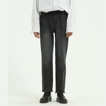 

New Male Japan Korea Style Vintage Denim Trousers Pant Men High Street Hip Hop Gray Casual Broken Hem Jeans Pant
