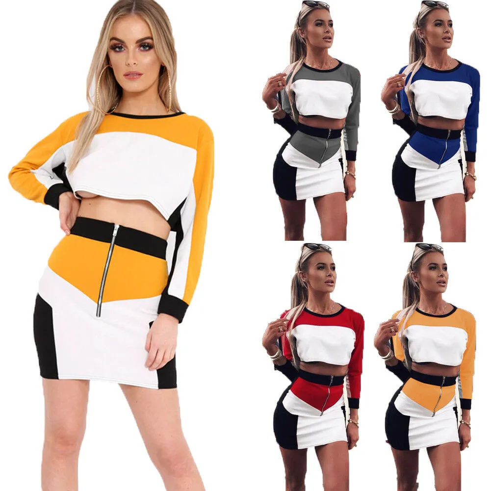 

4 color Two Piece Set Women Tracksuit Ladies Crop Tops Bottoms Set Womens 2pcs Sport Tracksuit Skirt
