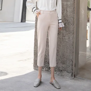 

Nonis 2019 New Mid Waist Work Wear Women Calf Length Trousers Back Stretch Waist Elegant Soft Office Lady Pants Pockets