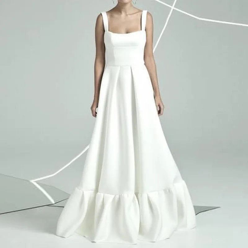 

White A Line Long Prom Dresses Ruffles Women Lady Gown Simple Style Sling Event Gown New fashion In Stock Dress ESAN254