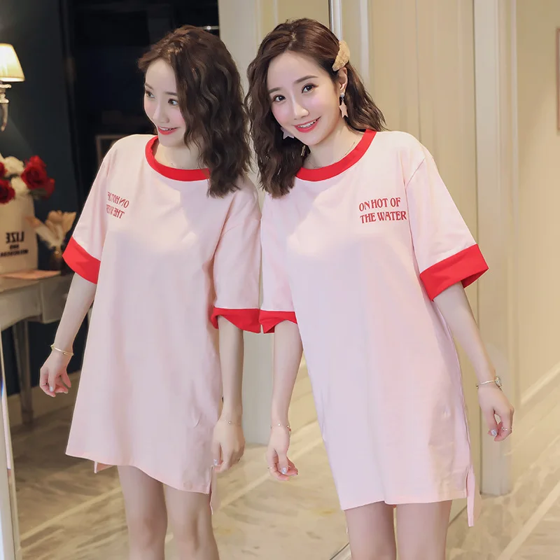 

Maternity Clothes 2020 Summer Style Korean-style Fashion Loose Contrast Color Dress Mid-length Crew Neck Large Size Maternity Dr