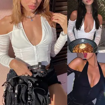 

Women Halter Zipper V-Neck Crop Top Sexy Mesh Long Sleeve Off Shoulder Shirts