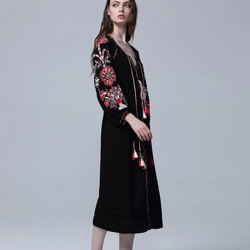 TEELYNN, этническое черное платье в стиле бохо с цветочной вышивкой, осень, винтажное длинное платье с длинным рукавом, повседневное свободное хлопковое женское платье