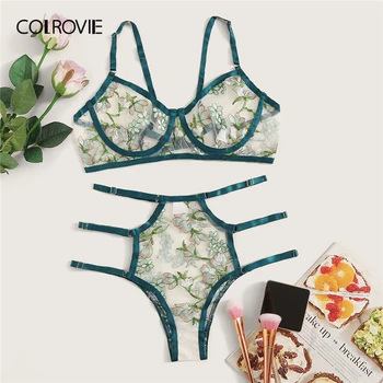 

COLROVIE Green Floral Embroidered Sheer Lingerie Set Women Underwire Intimates 2019 Cut Out Bra And Thongs Ladies Sexy Sets