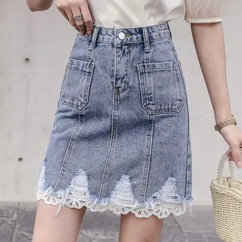 

Fashion Lace Stitching Women's Clothing 2020 Summer A-line Skirt Hole Slim High Waist Denim Skirt Mini Casual Femme Jupe r382