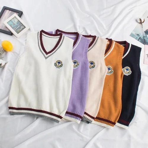 

5 Color Autumn New Loose Preppy Style Wild Female Knit Vest Delicate Embroidery Sleeveless Waistcoat V Neck Stripes Tank Tops