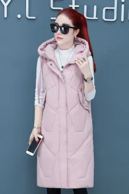 Pink Модный пуховый хлопковый жилет для женщин с капюшоном осень зима корейский размера плюс куртка без рукавов Свободный теплый длинный жилет для женщин 3XL - Цвет: Pink