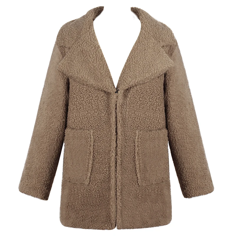Женская меховая куртка из чистого мохнатого плюшевого меха, Женское пальто с зазубренным воротником и карманом, длинный рукав размера плюс, пальто из искусственного меха, флисовая элегантная верхняя одежда