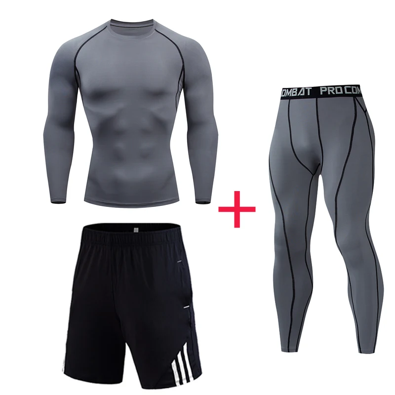 Брендовая одежда, спортивная одежда, полный костюм, спортивный костюм, костюм для бега, компрессионные колготки, быстросохнущее Спортивное нижнее белье, базовый слой, комплект S-4XL - Цвет: gray