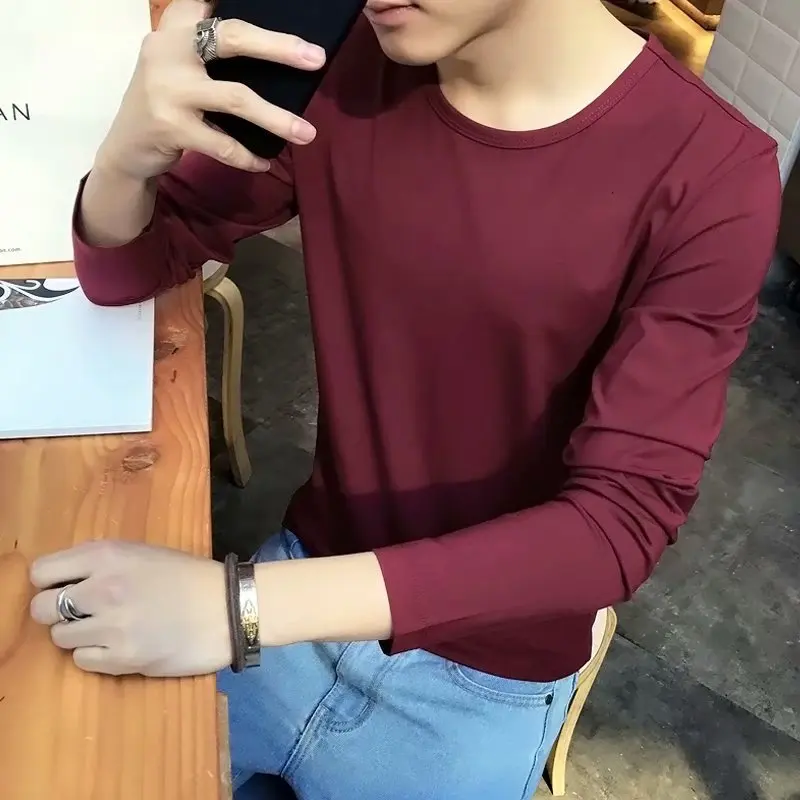 

Spring And Autumn Solid Color Red, White And Black Blue And Grey Pink Long-sleeved T-shirt Men's Slim Fit Crew Neck Base Shirt U