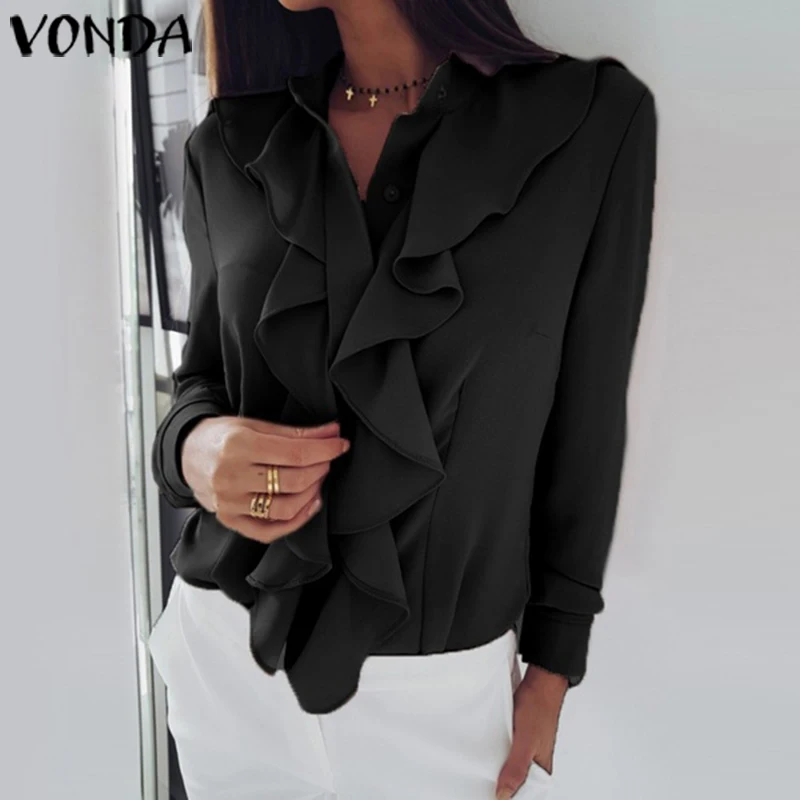 Модные женские блузки VONDA, женские Топы с длинным рукавом и рюшами, повседневные блузы, топ размера плюс, Женская туника, S-5XL