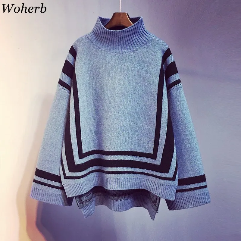 Woherb зимние полосатые пуловеры негабаритные вязанные свитера для женщин Водолазка с длинным рукавом свитер женский свободный трикотаж Mujer
