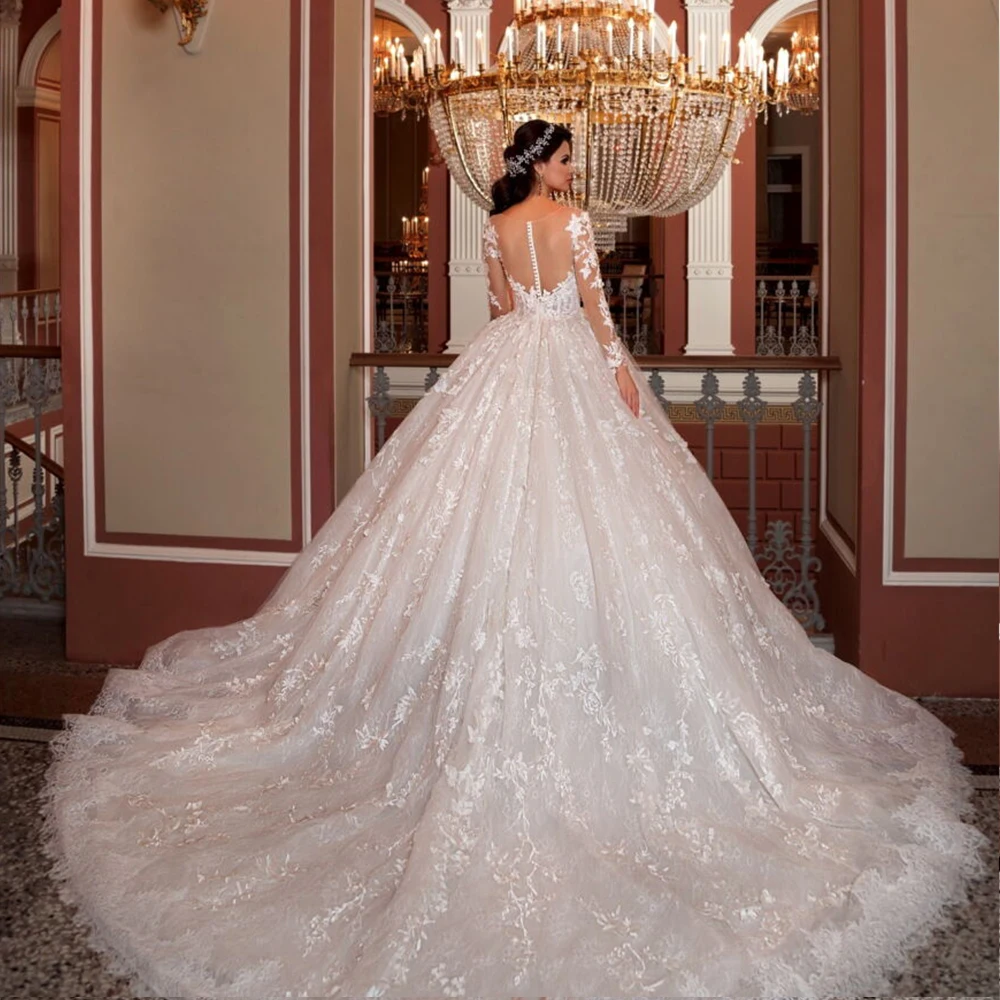 Великолепное бальное платье, свадебное платье, Vestidos Novias Boda, с длинным рукавом, расшитое бисером и блестками, с аппликацией, кружевное, на пуговицах, свадебные платья