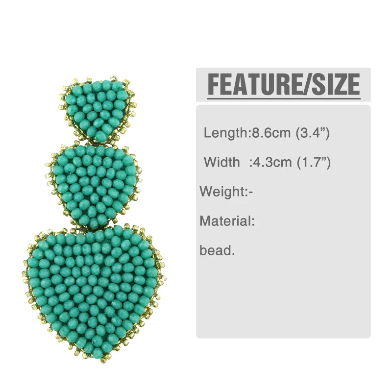 FLOLA Bohemian Big Red Heart Earrings For Women Large Handmade Beaded Drop Earrings Hanging Statement Jewelry Oorbellen ersw94