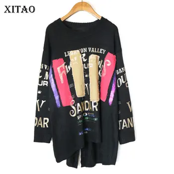 

XITAO Letter Pattern Knitted Sweater Women Fashion New Irregular Patchwork Elegant 2019 Autumn Small Fresh Pullovers WLD3052
