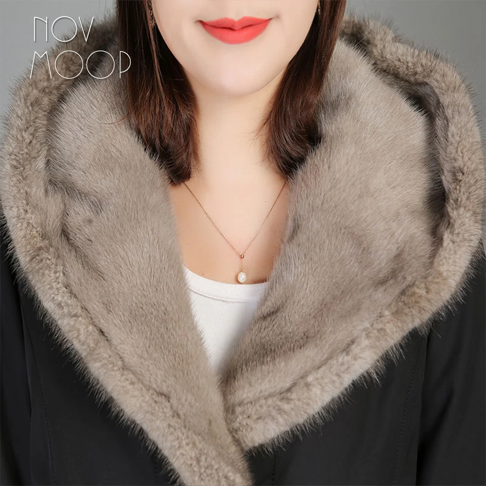 Novmoop, корейский стиль, повседневный стиль, Зимняя женская, черная, кроличья подкладка, натуральный мех, длинное пальто с норковым воротником/шапка vera pelliccia LT2931