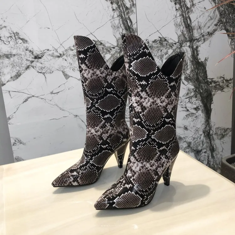 Snake Skin Pu Spike Heels Mid-Calf Boots Women High Heels Booties Female Party Shoes Ladies Pointed Toe Shoes Women Winter - Цвет: Черный