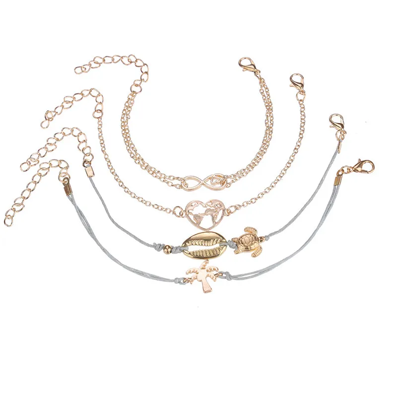ZORCVENS Trendy 4pcs/set Gold Color Heart Shell Turtle Infinity coconut tree Charm Bracelets For Women Girl Boho Femme Bijoux
