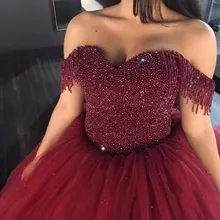 Бисером бордовые платья Quinceanera с открытыми плечами Пышное Бальное Платье сладкий 16 платье День рождения вечернее платье Vestidos De Quinceanera