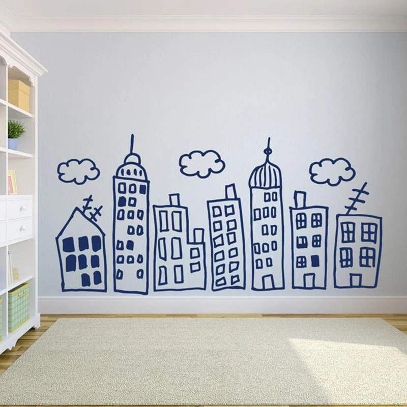 Besar Cakrawala Kota Doodle Stiker Dinding Kamar Anak Anak Ruang Bermain Dekorasi Dinding Prasekolah Vinyl Sticker Mural Kreatif Ornamenta150 Wall Stickers Aliexpress